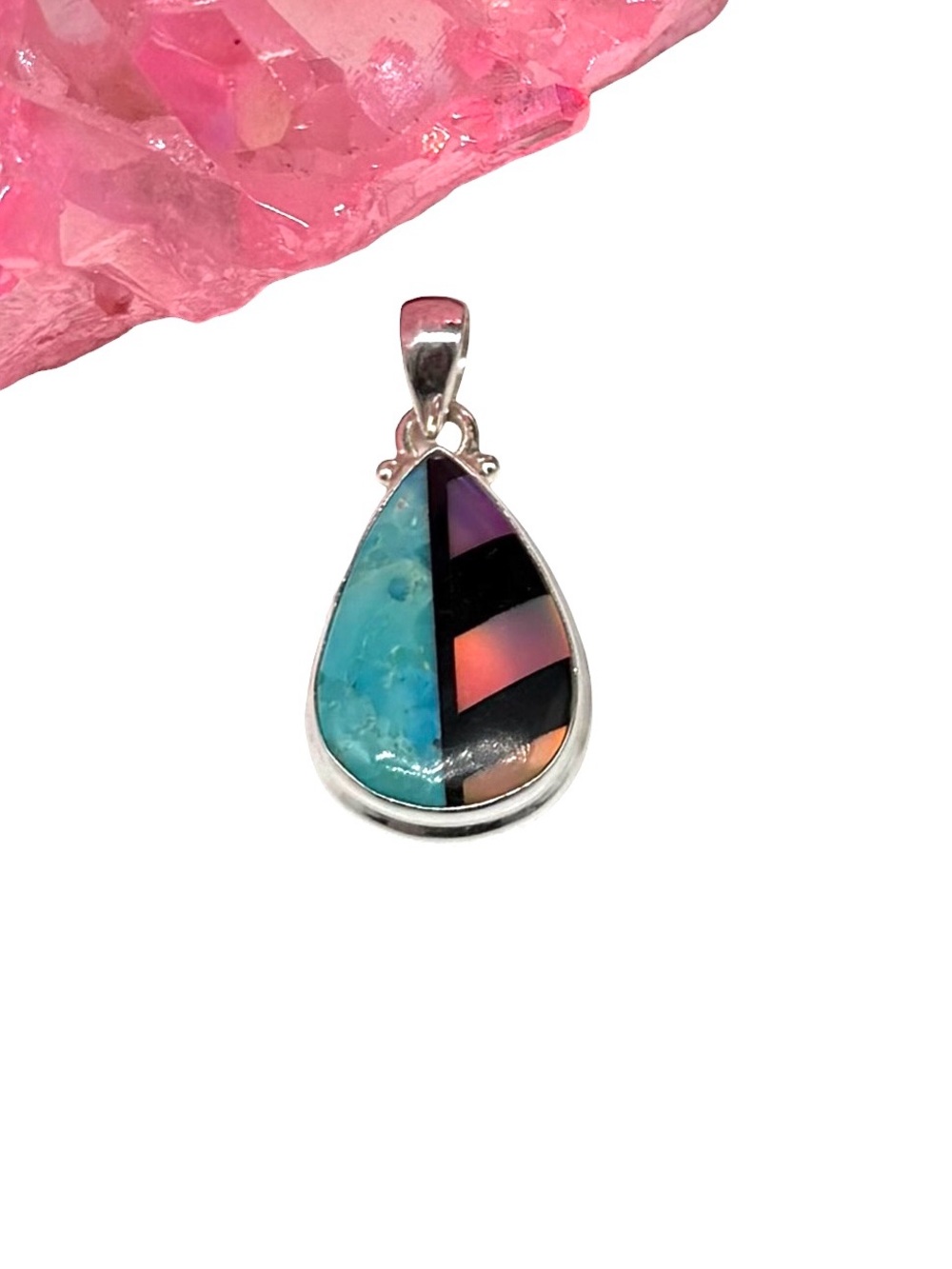 Kingman Turquoise Aurora Opal Black Onyx Necklace Pendant 925 Sterling Silver